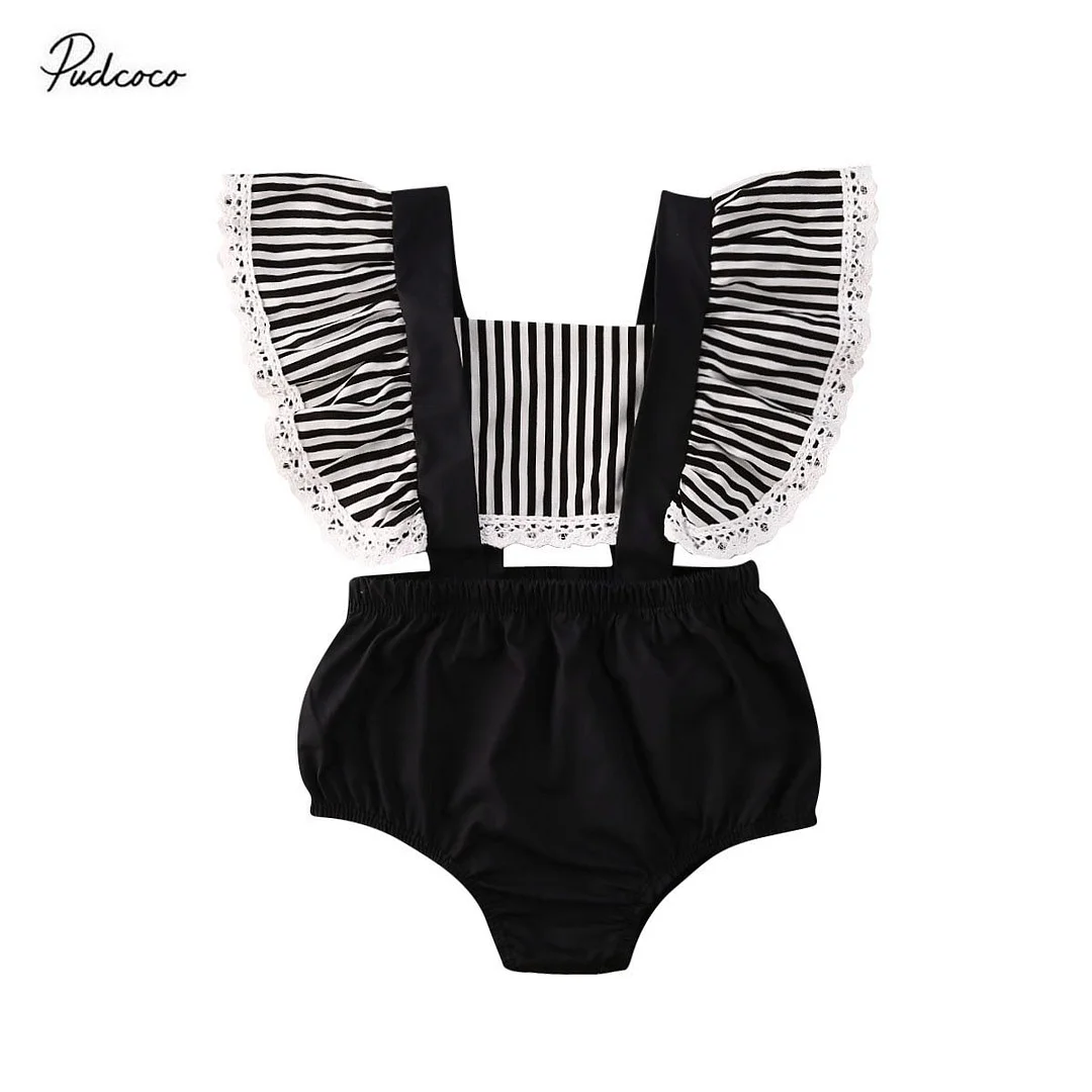 2020 Baby Summer Clothing Newborn Infant Baby Girls Striped Patchwork Bodysuits Ruffled Lace Sleeveless Jumpsuit Sunsuit Outfit