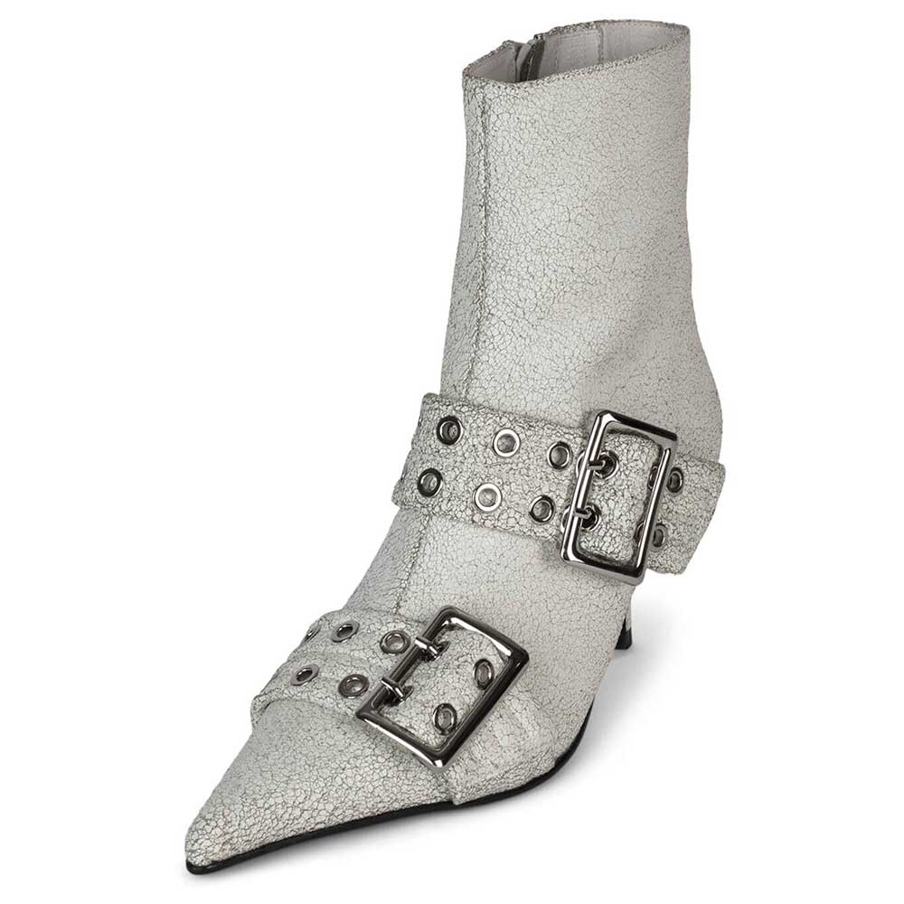 Grey Crackle Pointed Toe Kitten Heel Ankle Boots with Buckled Straps Nicepairs