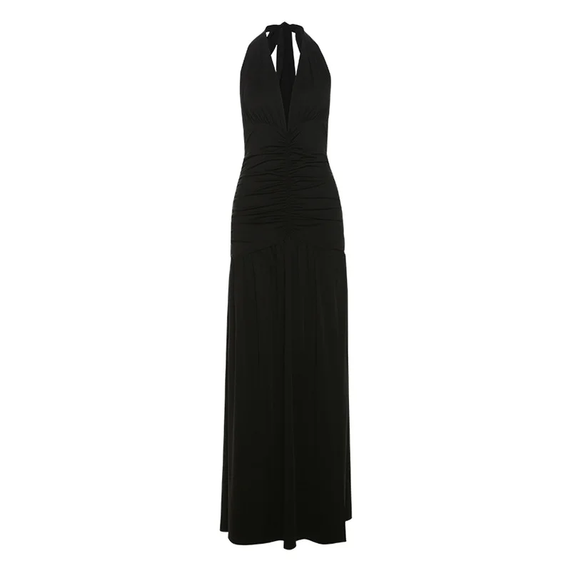 Ueong Summer New Women's Temperament Hanging Neck V Neck Dress Sexy Slit Fold Show Back Dress
