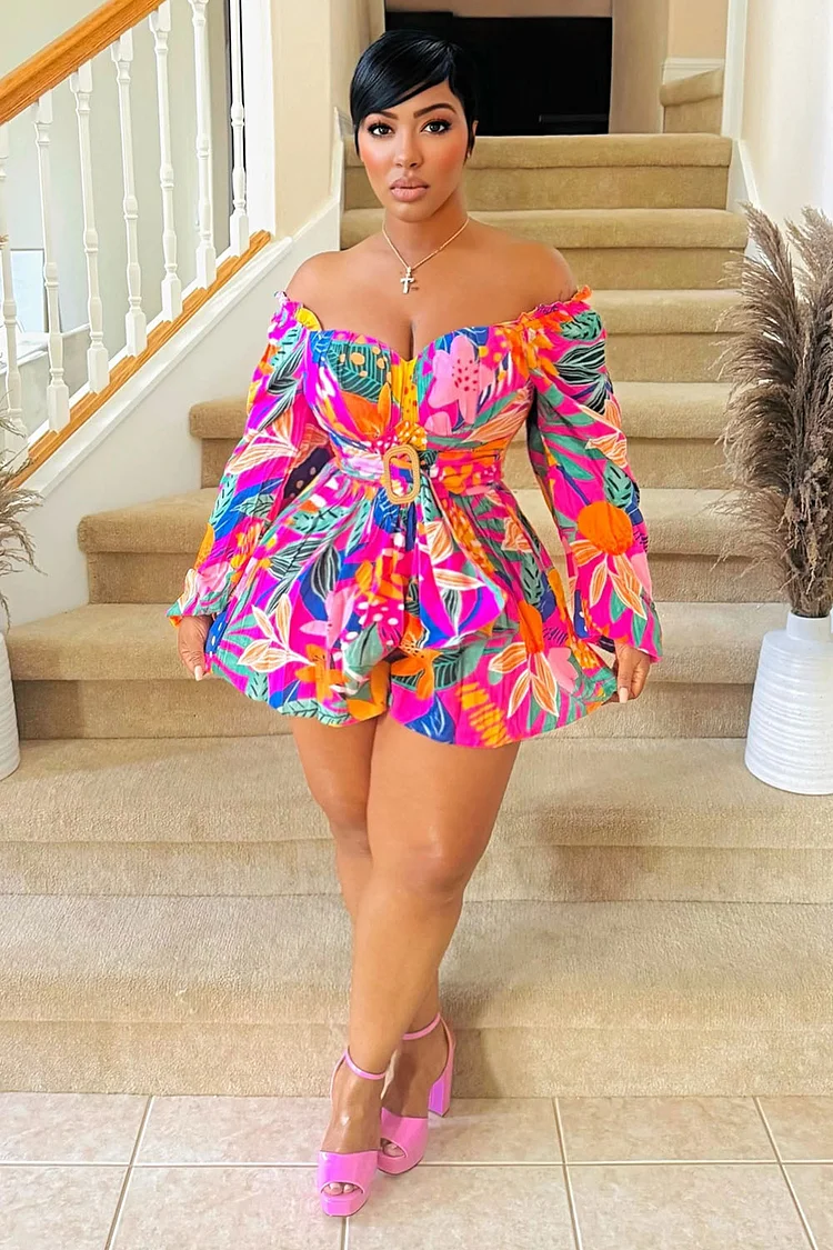 Floral Print Off Shoulder Vacay Flare Leg Romper Playsuit-Fuchsia [Pre Order]