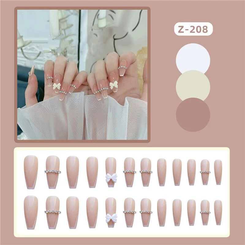 24pcs Girls Japanese French Style Fake Nail nude color mid-length Waterproof False Nails Summer Fashion Nail Art Tips with Glue
