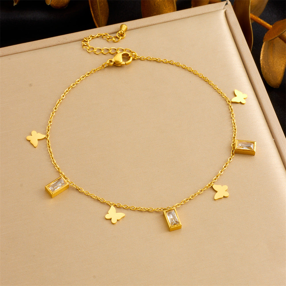 Fashion Beach Style Versatile Simple Colorful Geometric Glass Rhinestone Butterfly Love Accessories Chain Anklet