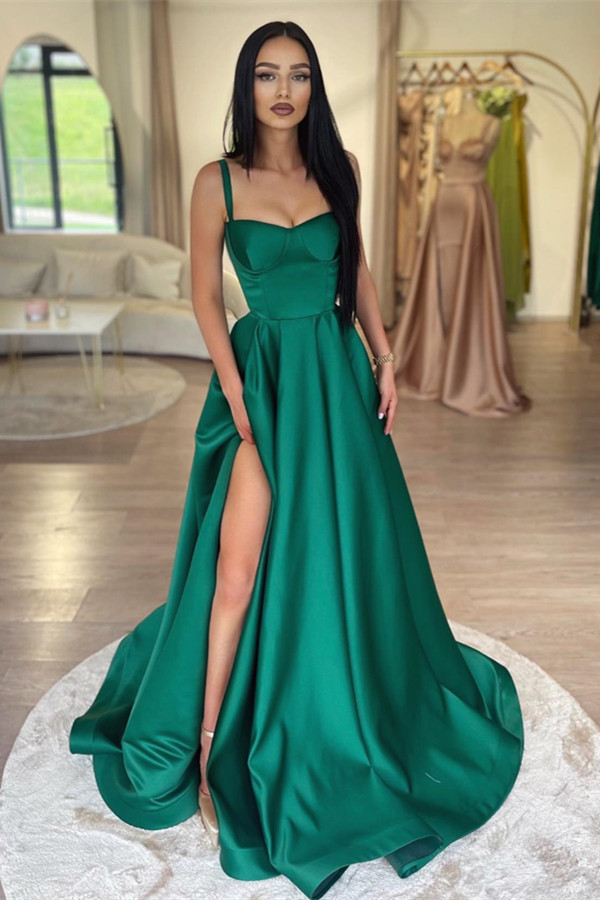 Dresseswow Dark Green Straps Prom Dress Slit Long Online
