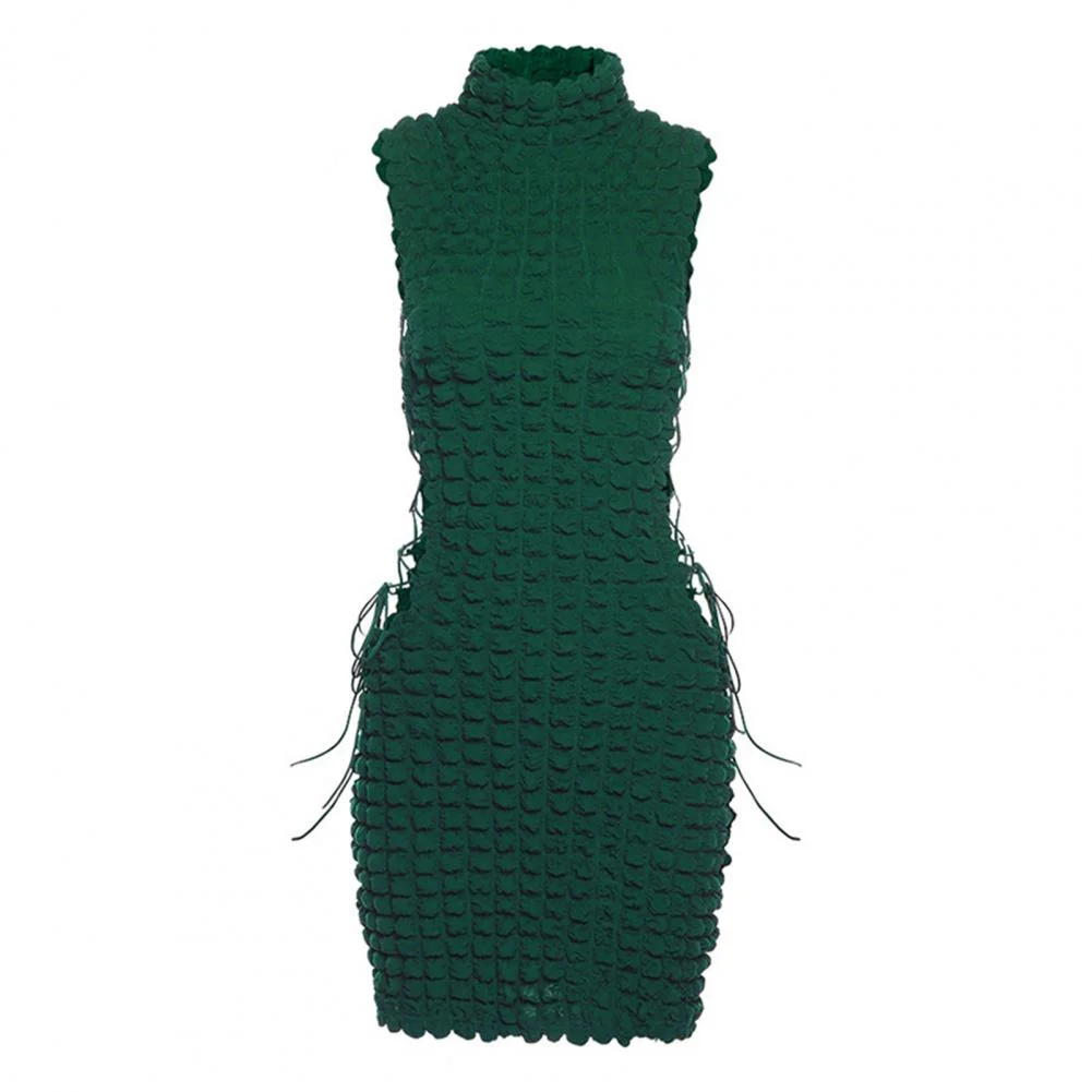 Club Party Backless Tank Dresses  Turtleneck Sleeveless Hip Wrap Bodycon Dress Side Hollow Bandage Plaid Skinny Mini Dress