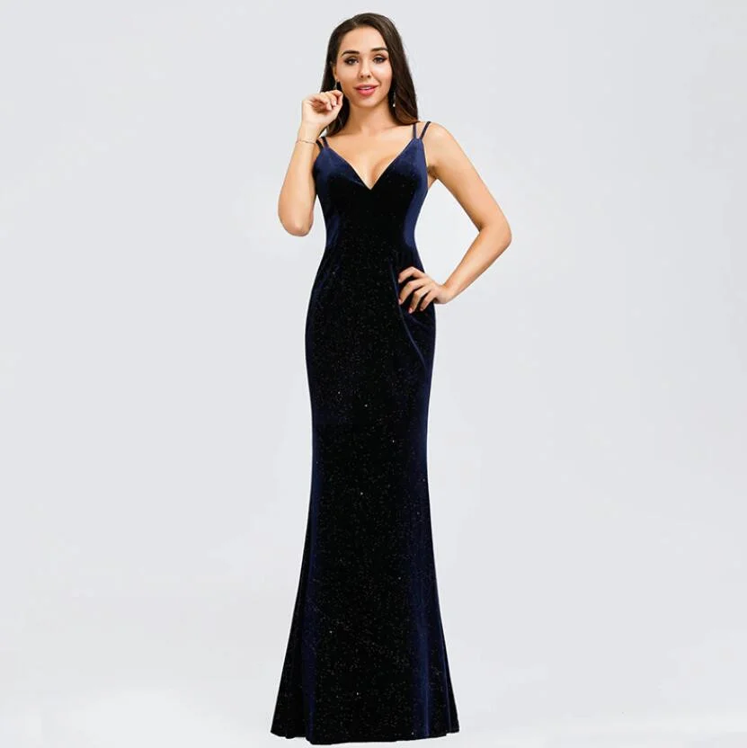 Gorgeous V-Neck Velvet Evening Gowns Mermaid Long Prom Dress On Sale