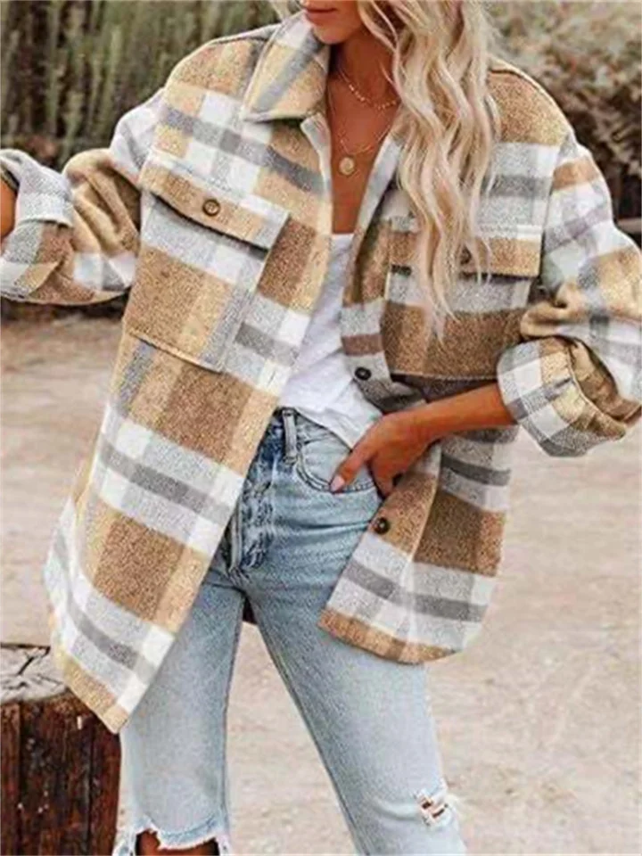 Long Sleeve Lapel Loose Plaid Wool Coat | 168DEAL