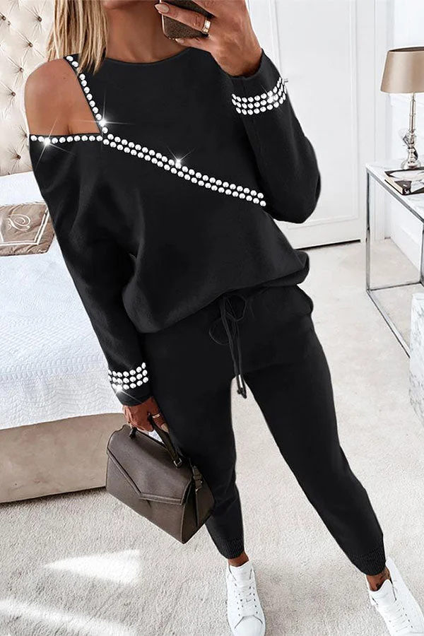 Rhinestone Patchwork Casual Cutout Pant Suit