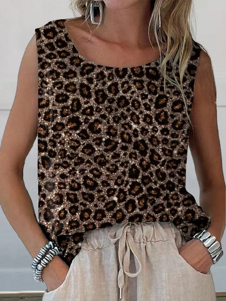 Glitter Leopard Print Pattern Printed Women's Casual Cotton And Linen Tank Top