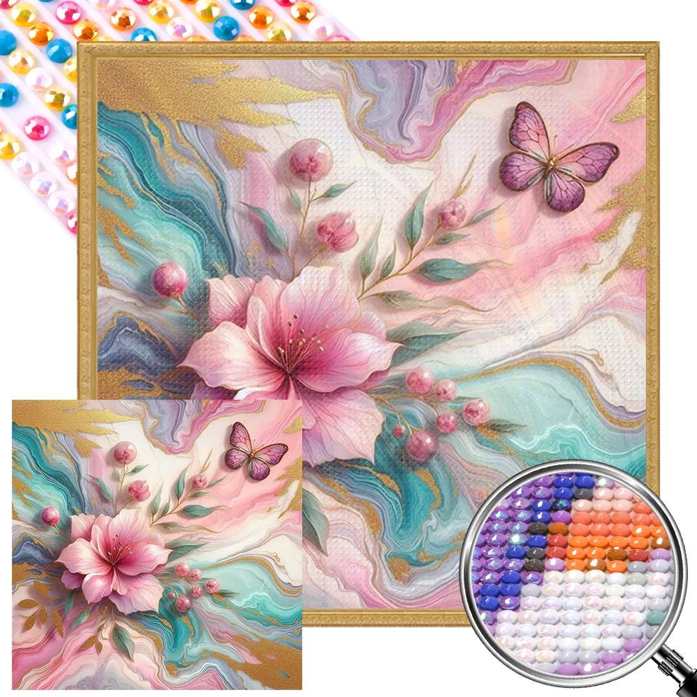 Full Round Partial AB Diamond Painting - Pink Flower Butterfly(Canvas|45*45cm)