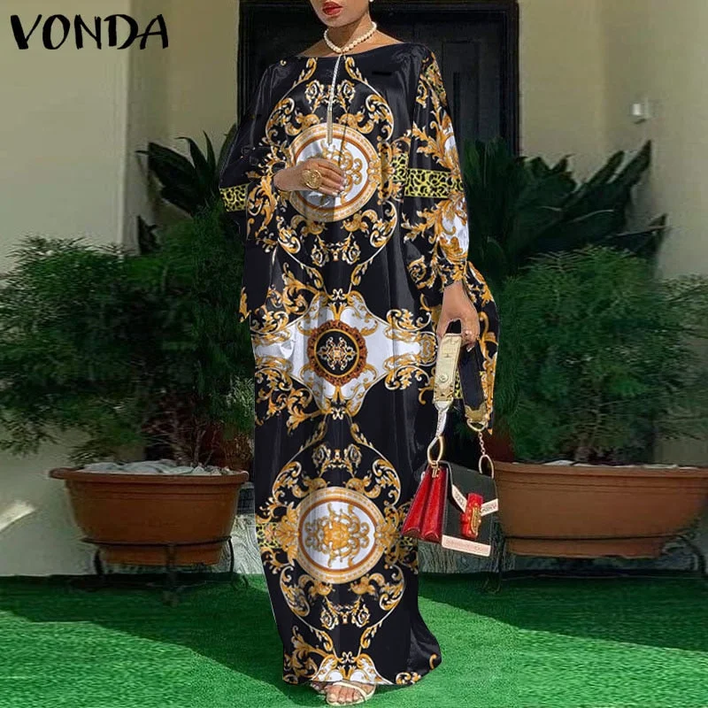 Holiday Long Sleeve Maxi Dress 2022 VONDA Women Vintage Printed Elegant Party Dress Femme Casual Loose Vestidos Party Robe Femme
