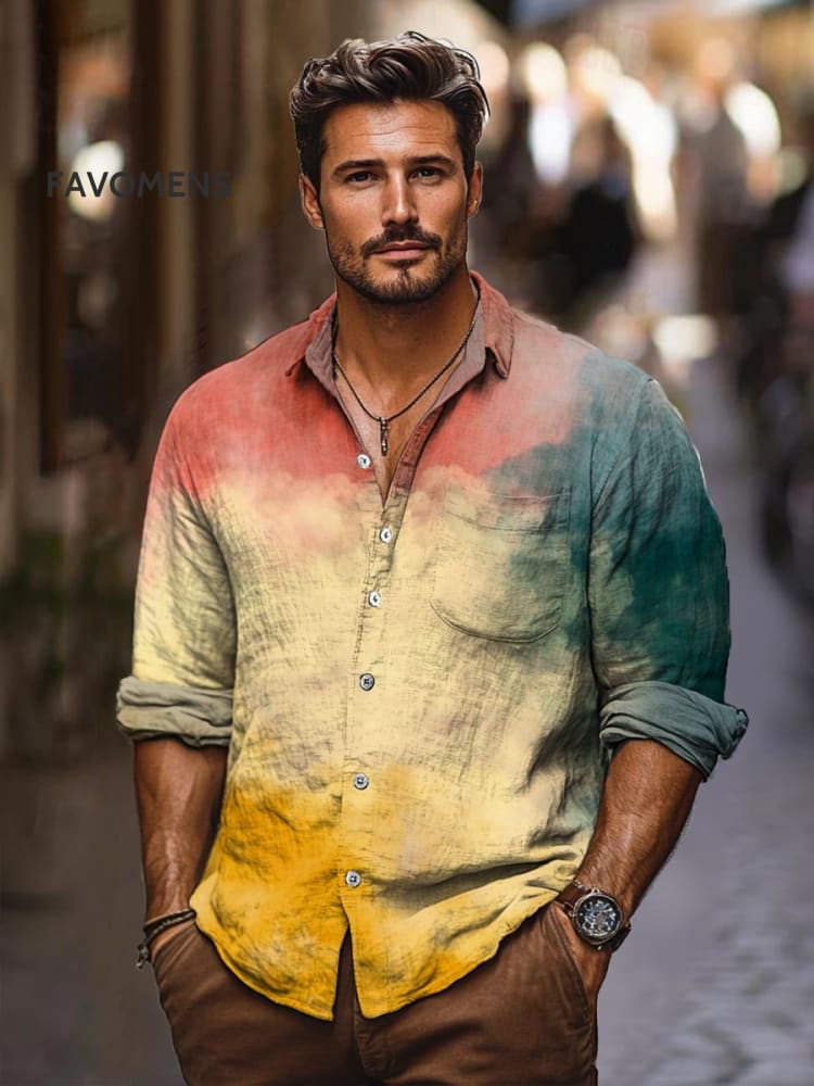 Three-Color Gradient Vintage Stripe Print 100% Cotton Long Sleeve Shirt Multicolor / S