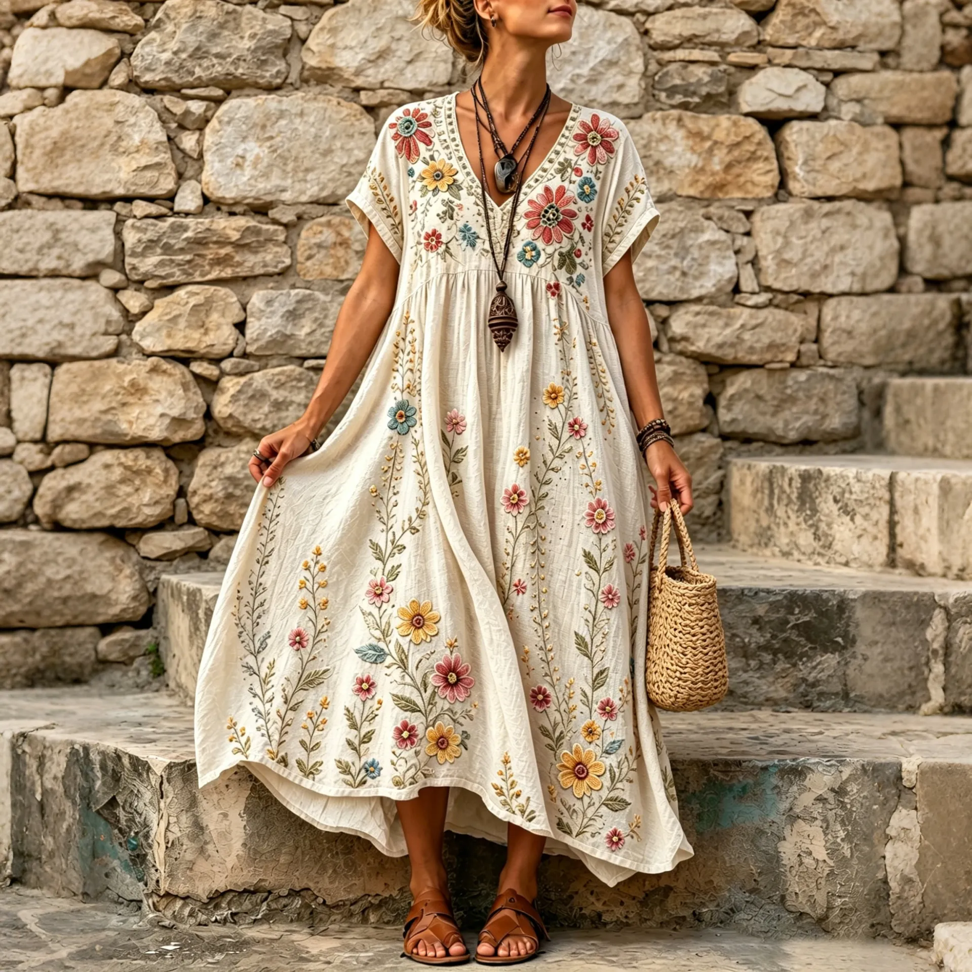 Women's Floral Art Embroidered Linen Blend V Neck Maxi Dress elevenforest