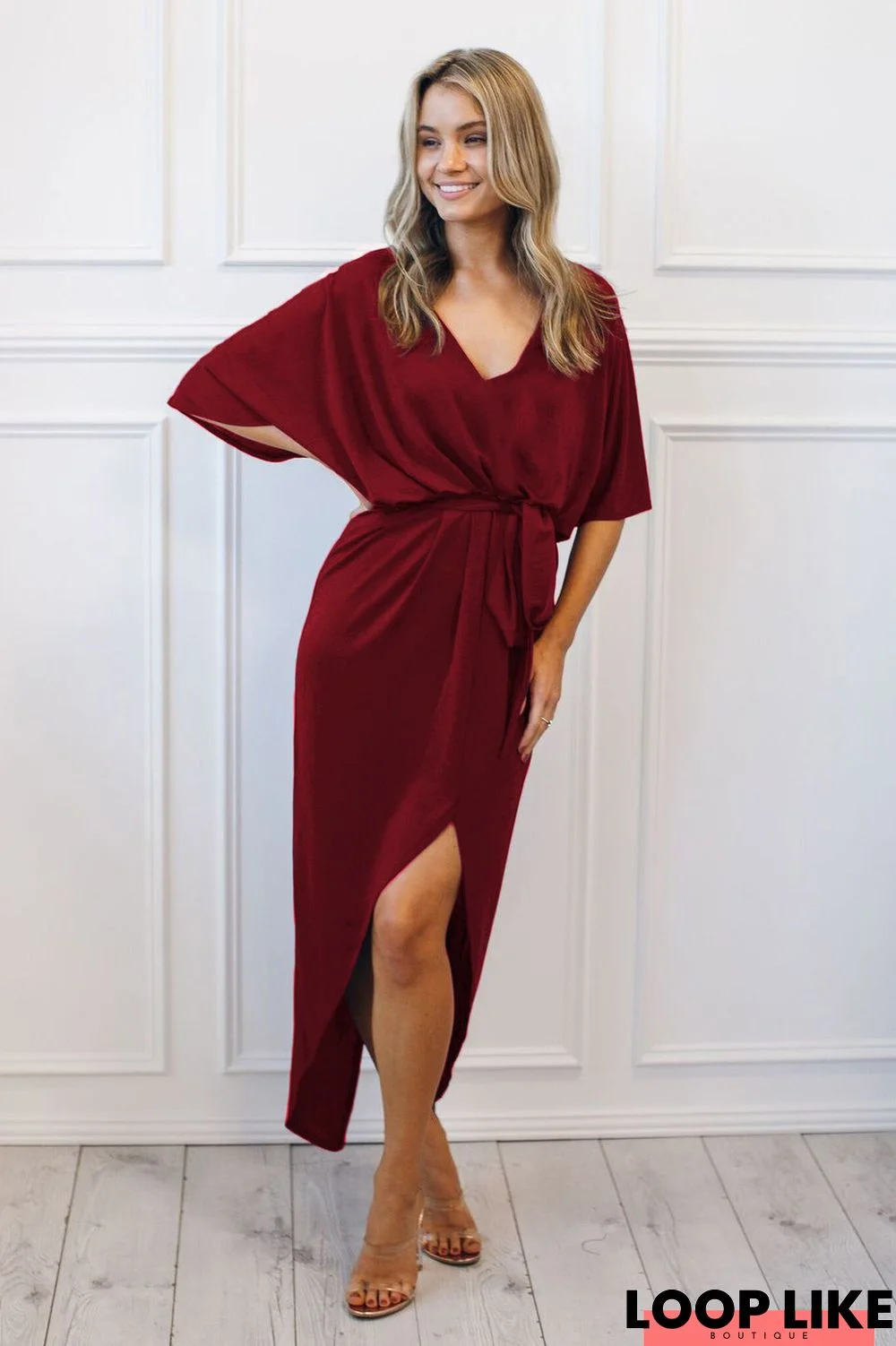 Long V-Neck Bat Sleeve Split Dress with Loose Belt Black Dresses