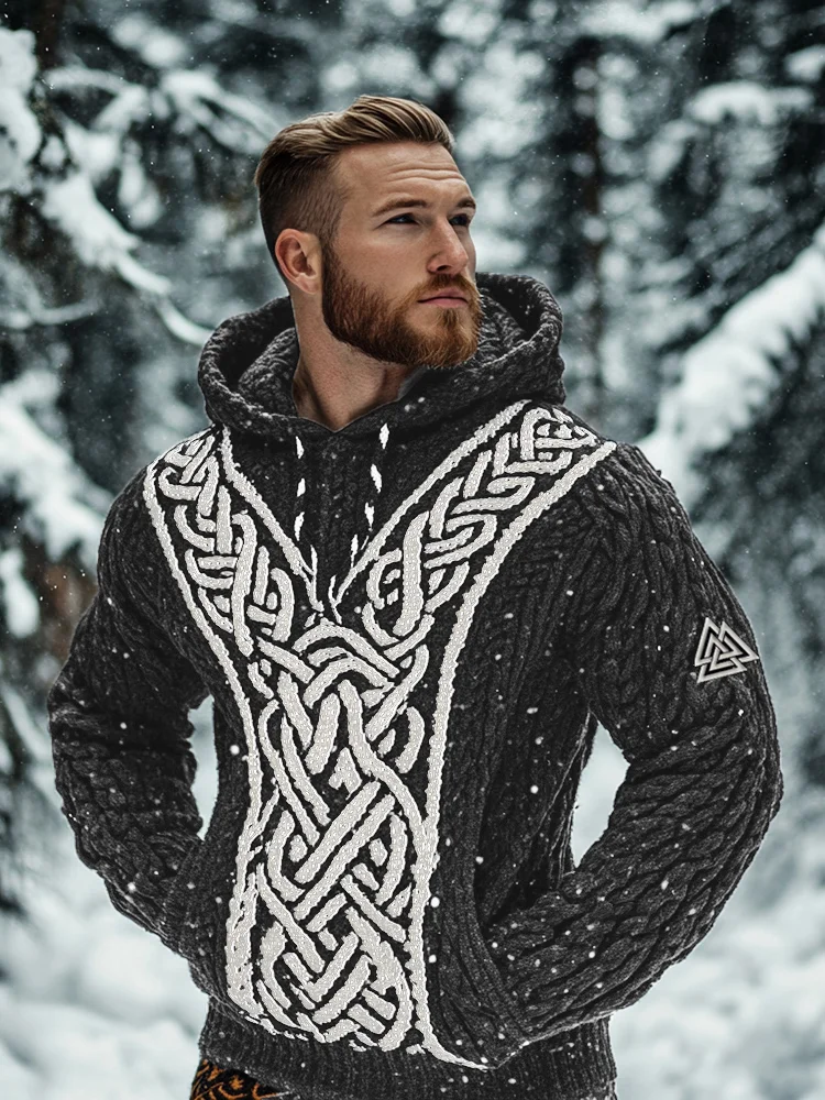 VChics Men's Viking Tribal Jacquard Celtic Inspired Chunky Knit Hooded Sweater