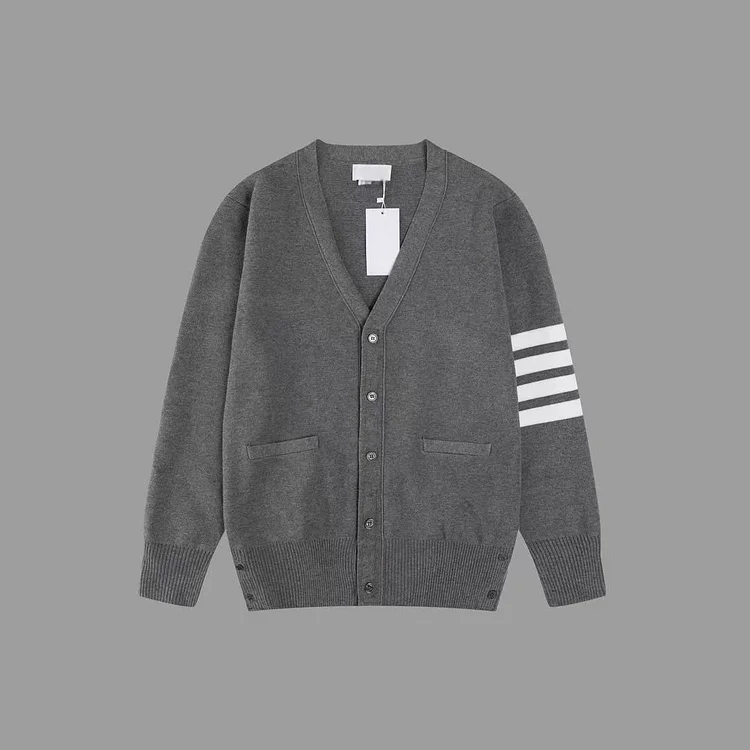 knitted cardigan men's spring and autumn new classic stripe casual side slit  V-neck sweater coat