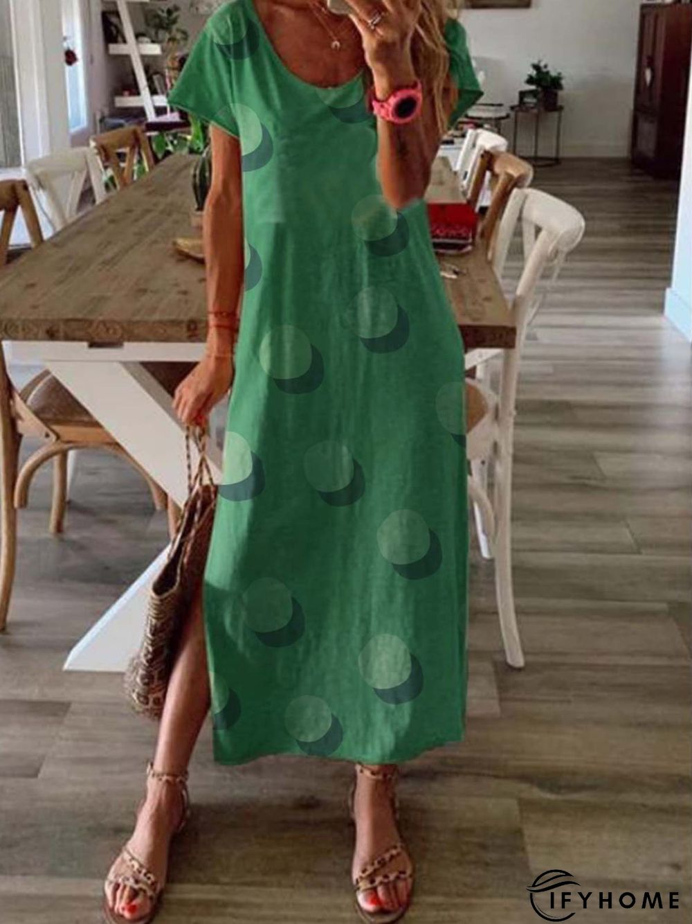 Green Polka Dots Short Sleeve Round Neck Knitting Dress | IFYHOME