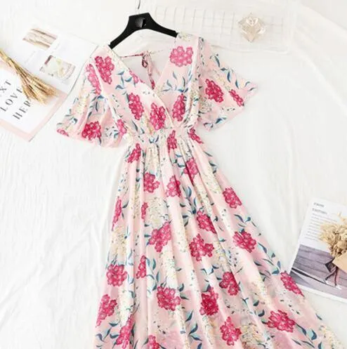 2020 Slim V Neck Summer Midi Long Dress Vestido Party Short sleeve Chiffon dress Women Casual Elegant print A-Line Vestidos