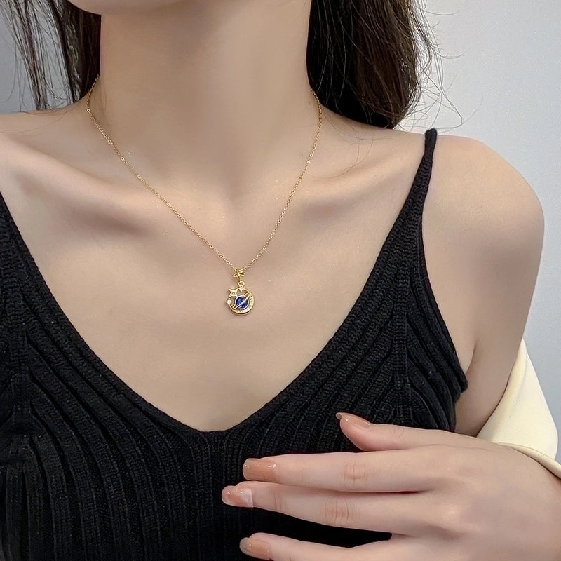 Minimalist Star Planet Titanium Steel Copper Plating Inlay Zircon Pendant Necklace