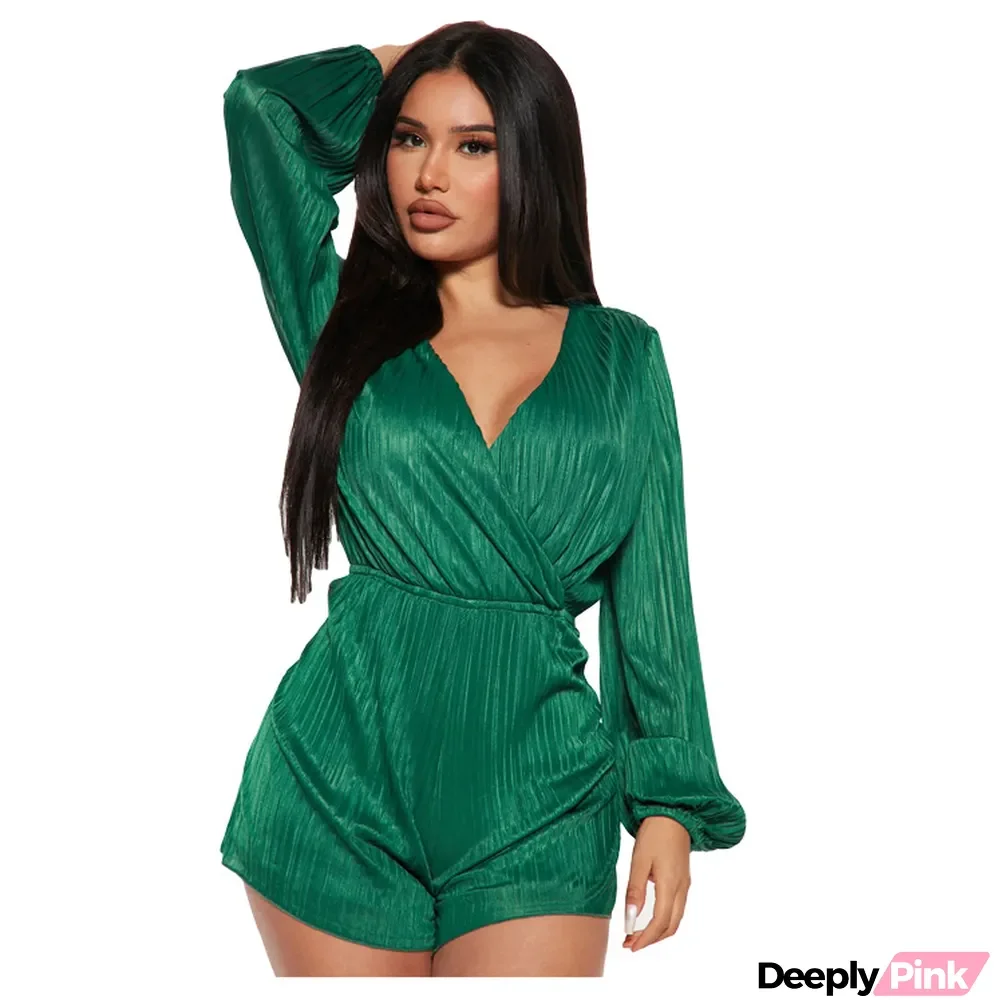 Women'S Fall/Winter Pleated Fashion V-Neck Casual High Waist Jumpsuit