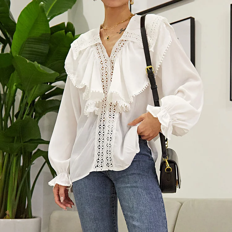 White Doll-Collar Bell Sleeve Blouse QueenFunky