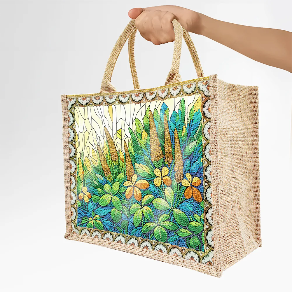 Linen Green Garden Diamond Art Large Capacity Handbag Birthday Gift for Friends