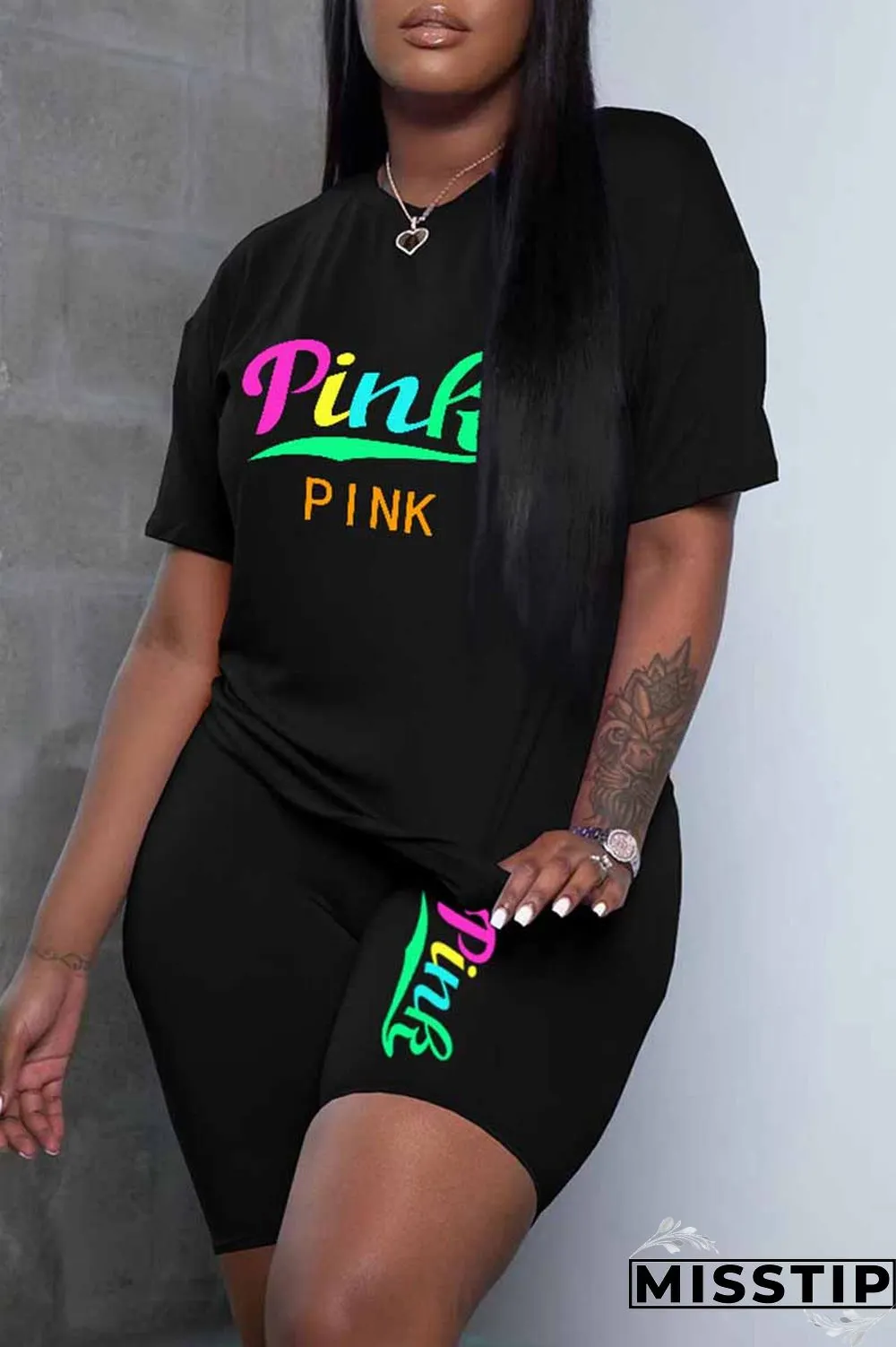 Grey Casual Print Letter O Neck Short Sleeve Two Pieces