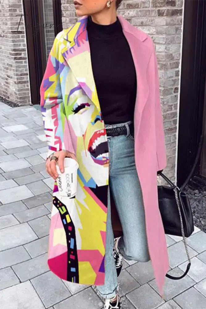 Ingvn - Elegant Print Contrast Turn-Back Collar Outerwear Pink / S Outerwear/Coats & Cardigan