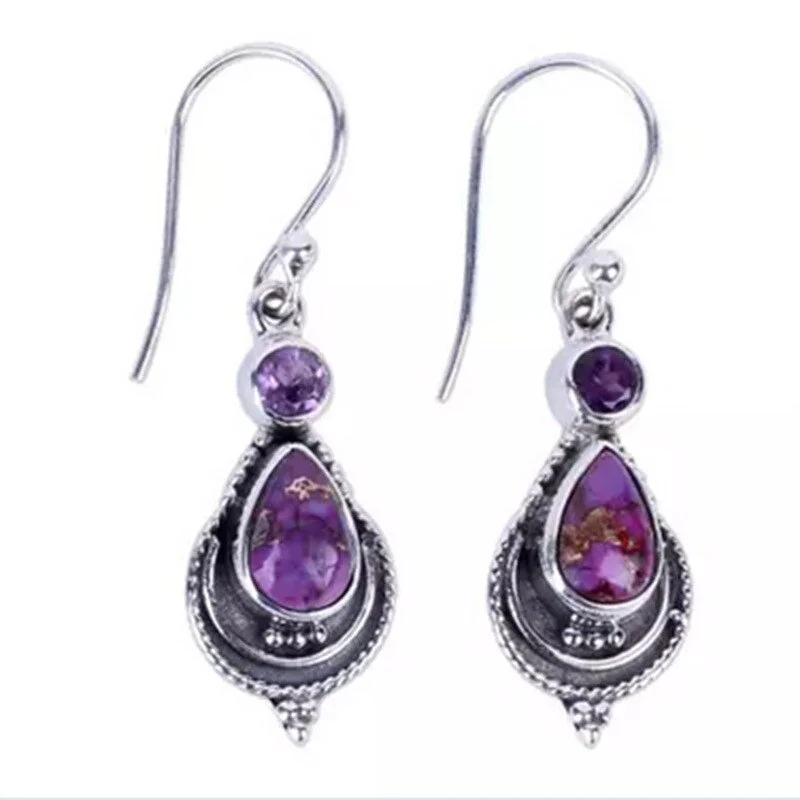 Vintage Thai Silver Color Purple Dragon Crystal Earrings Women's Fashion Purple Stone Earrings Jewelry