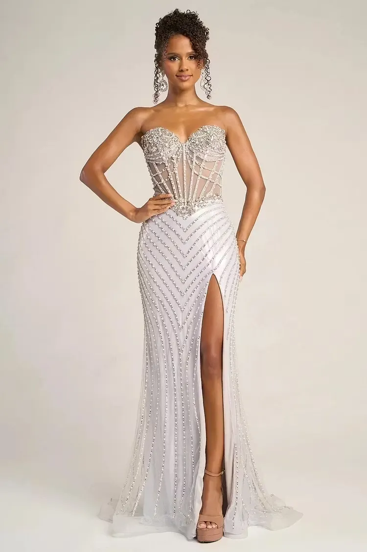 Lussooy Shining White Sweetheart Beading Sleeveless Mermaid Prom Dress with Split 