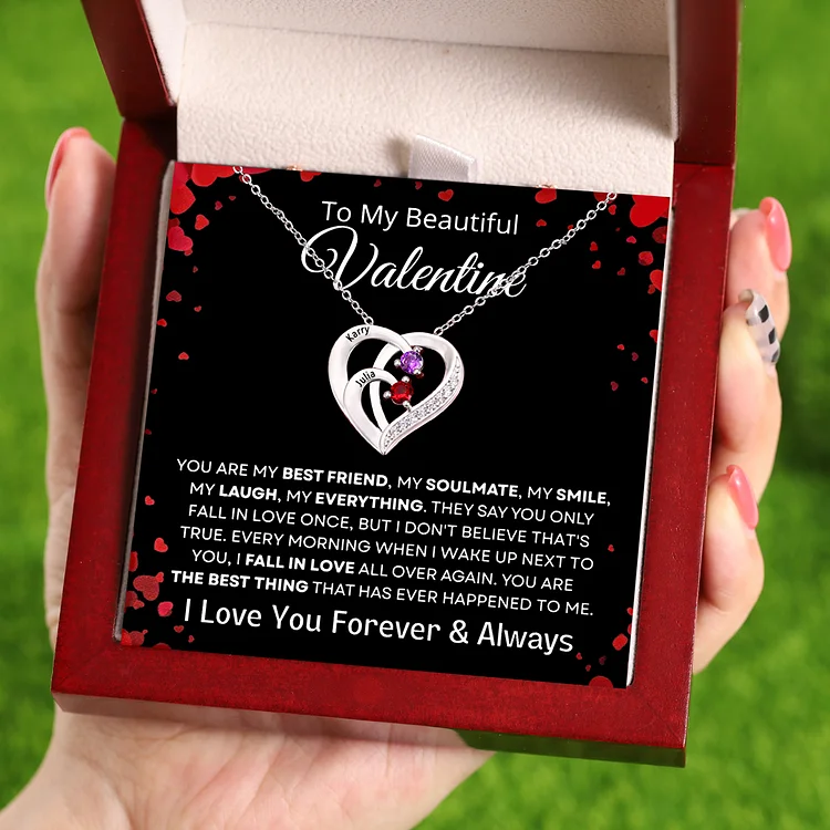 To My Beautiful Valentine S925 Personalized Heart Necklace Engraved 2 Names and Birthstones Intertwined Heart Pendant