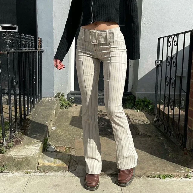 Low Waisted Long Slim Chic Belt Vintage Trousers