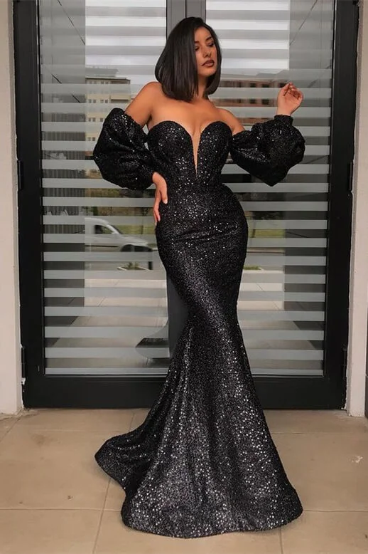 Black Sweetheart Detachable Sleeves Sequins Prom Dress Mermaid PD0695
