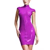 High Neck Wetlook Bodycon Mini Dress Women Short Sleeve Turtleneck Slim PVC Dress Ladies Full Zipper Dress Plus Size Clubwear