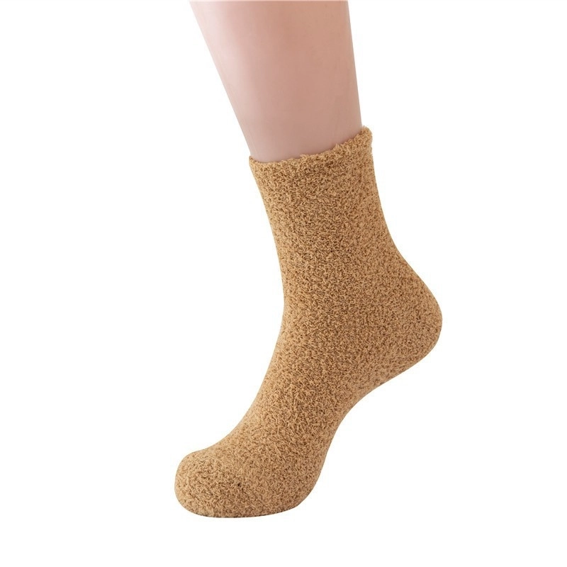 Women Slippers Socks Fluffy Plush Home Sleeping Socks Coral Fleece Socks Candy Color Mid-tube Socks