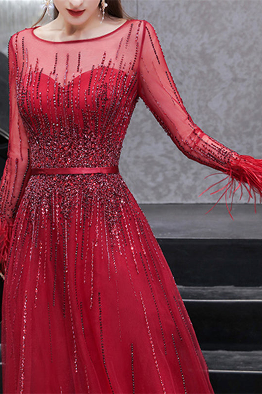 Daisda Elegant Sequins Red Long Sleeves Evening Dress With Feather On Sale 2989