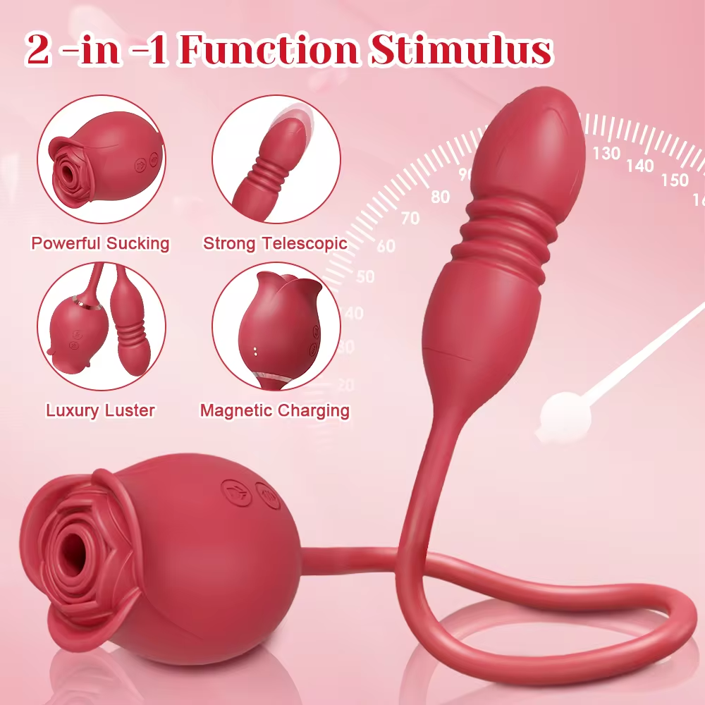 Dual Action Rose Vibrator with 10 Sucking and Thrusting Modes for Ultimate G Spot and Clitoral Stimulation