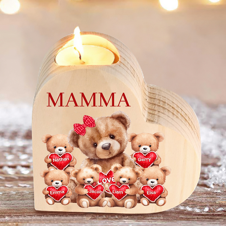 Candeliere a forma di cuore orsacchiotto 6 nomi e 1 testo personalizzati per mamma/nonna