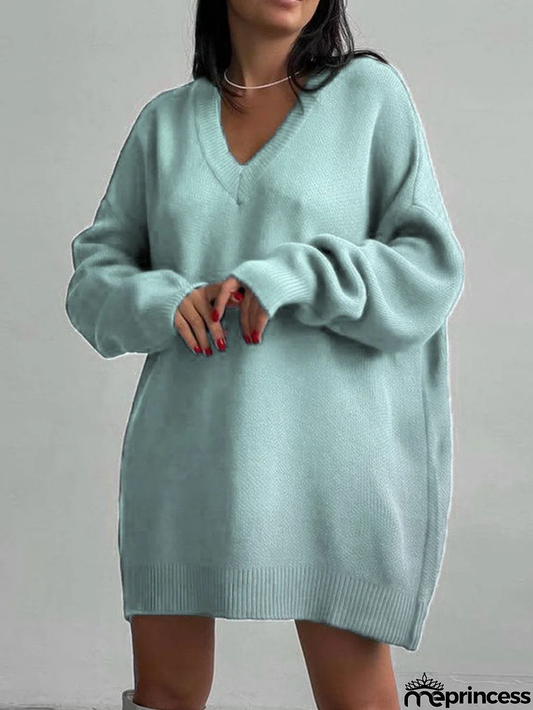 V-Neck Dropped Shoulder Sweater Dress