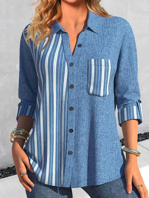Women's casual striped patchwork denim shirt top