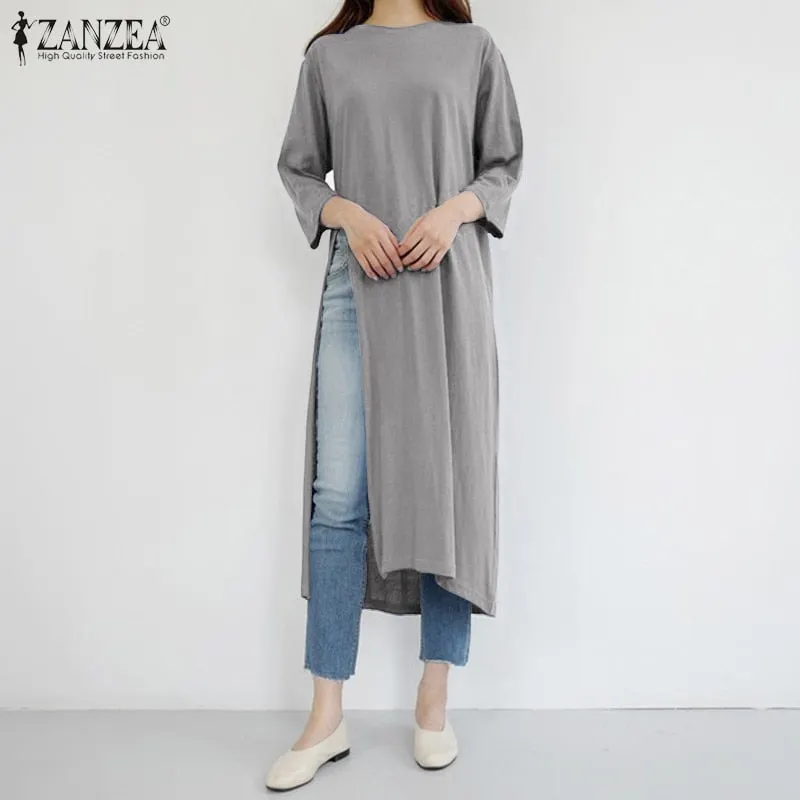 ZANZEA Stylish Women Split Hem Long Tops Summer 3/4 Sleeve Blouse Solid Shirt Femme Robe Blusas Casual Loose Top Tunic Chemise