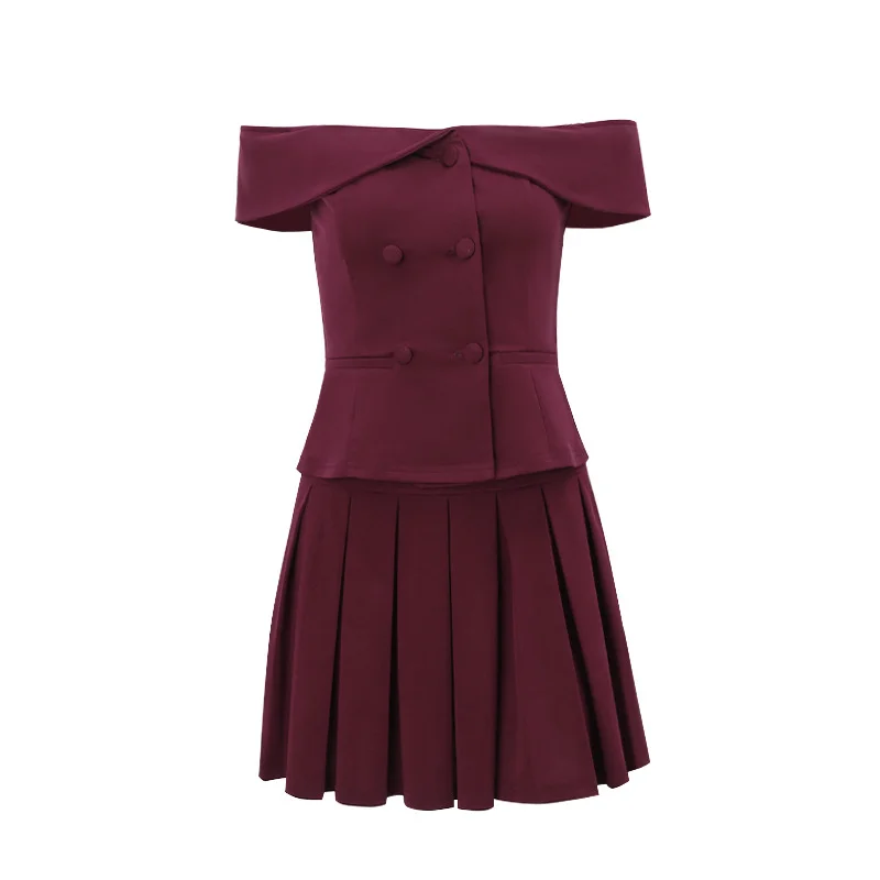 Pongl Pongl Spring New Sexy Pure Desire Temperament Double-Breasted One-Word Shoulder Dress Pleated Skirt Suit