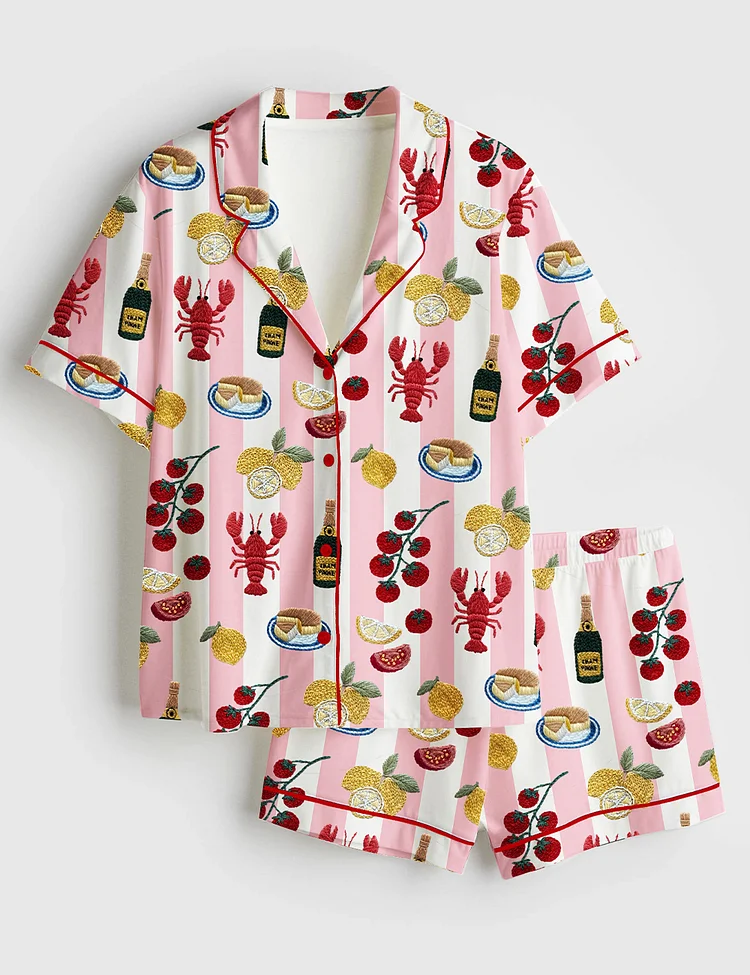 Women&rsquo;s Lobster Champagne Lemon Cake Tomatoes And Pomegranates Summer Vibes Girls Trip Bachelorette Short Sleeve Satin Pajama Set