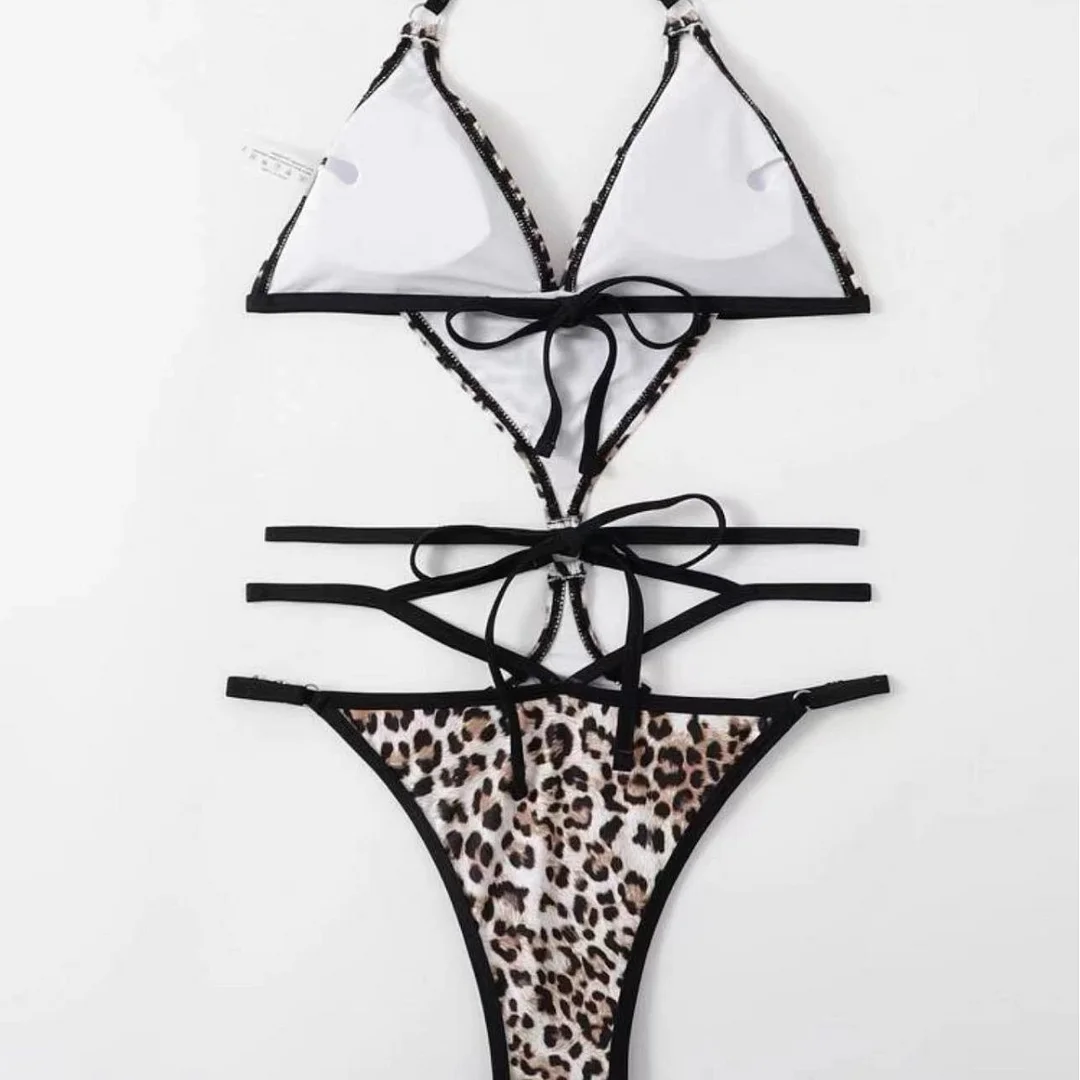 Uveng New Sexy Leopard-Print Conjoined Drawstring Strap Swimsuit Bikini