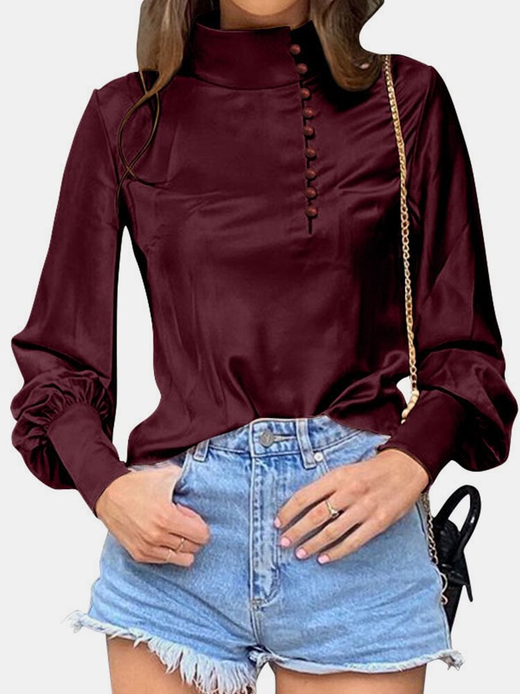 Solid Color High collar Button Long Lantern Sleeve Casual Blouse for Women P1790056