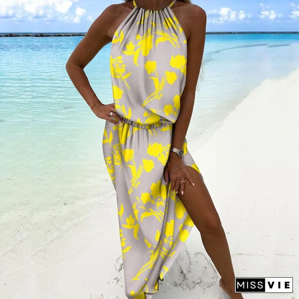 Sexy Halter Neck Off Shoulder Long Beach Dress Ladies Summer Fashion Boho Print Women