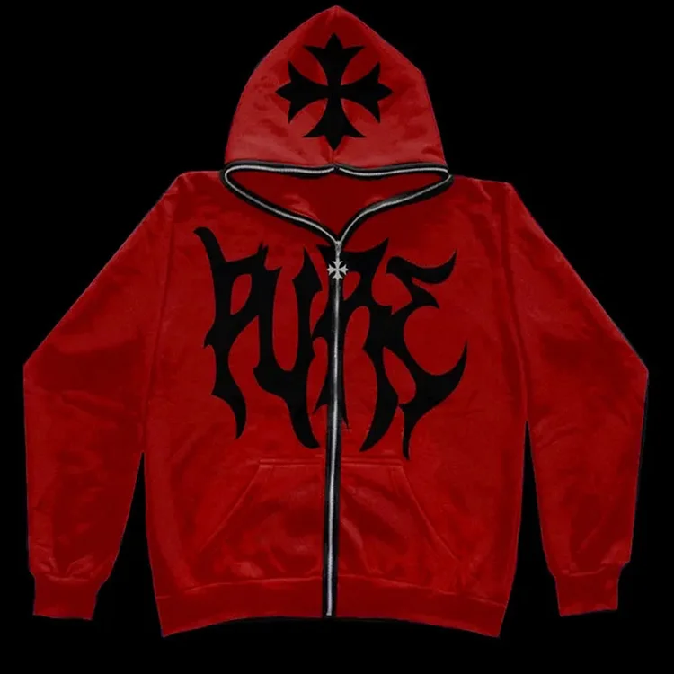 Hip Hop Street Cross Letter Print Sweatshirt Full Zip Up Hoodie at Hiphopee