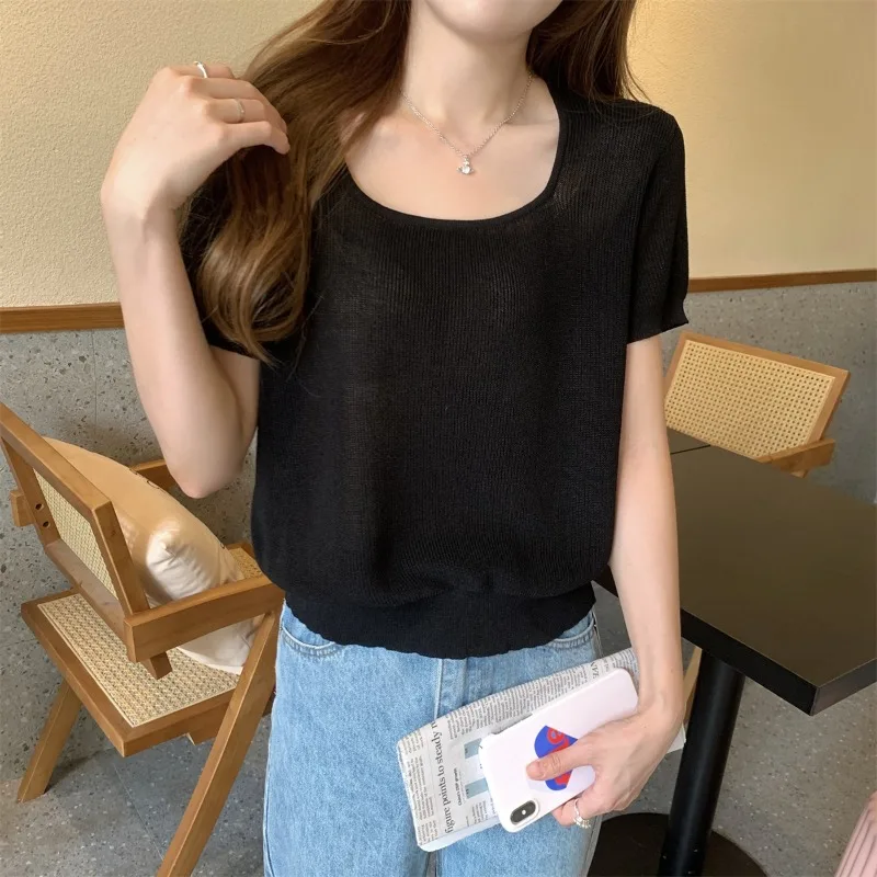 Sobwheels fall outfits y2k O Neck T-shirts Women Summer Versatile Short-sleeved Blouse Office Lady Solid Color Casual Knit Tops Female