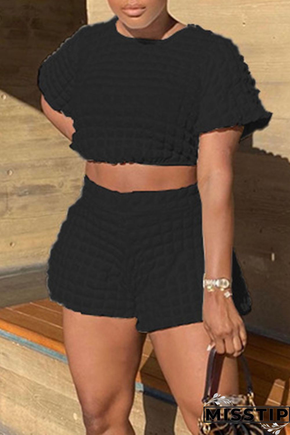 Black Casual Solid Patchwork O Neck Short Sleeve Two Pieces