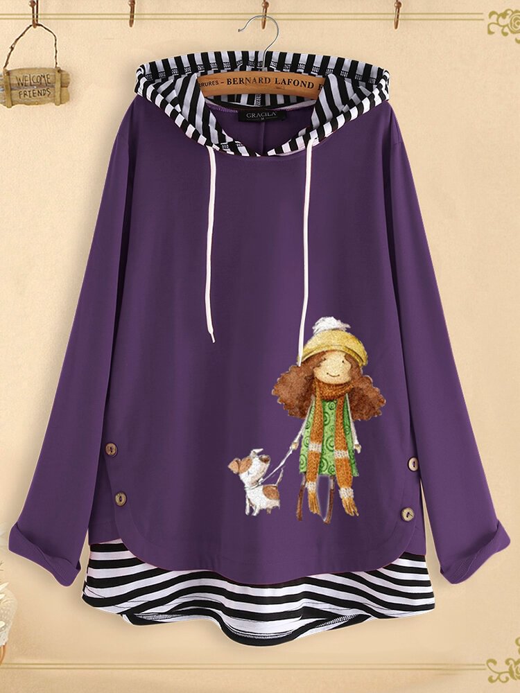 Side Button Cartoon Print Stripe Patchwork Long Sleeve Hoodie - Life is Beautiful for You - SheChoic