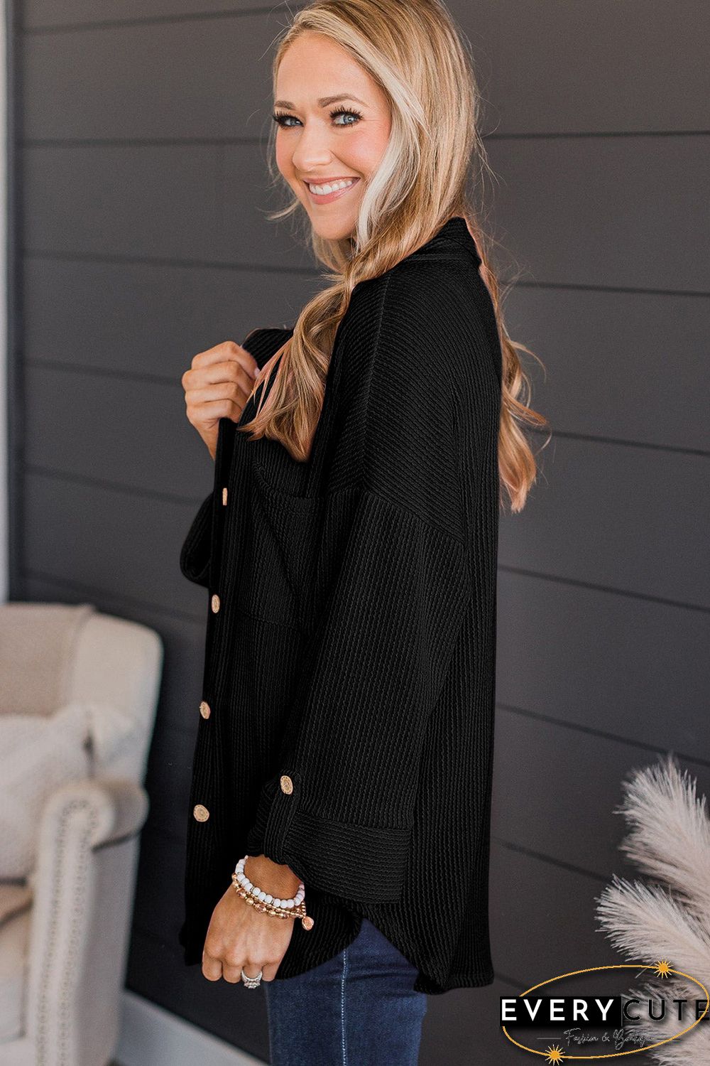 Black Roll Tab Sleeve Ribbed Cording Shacket